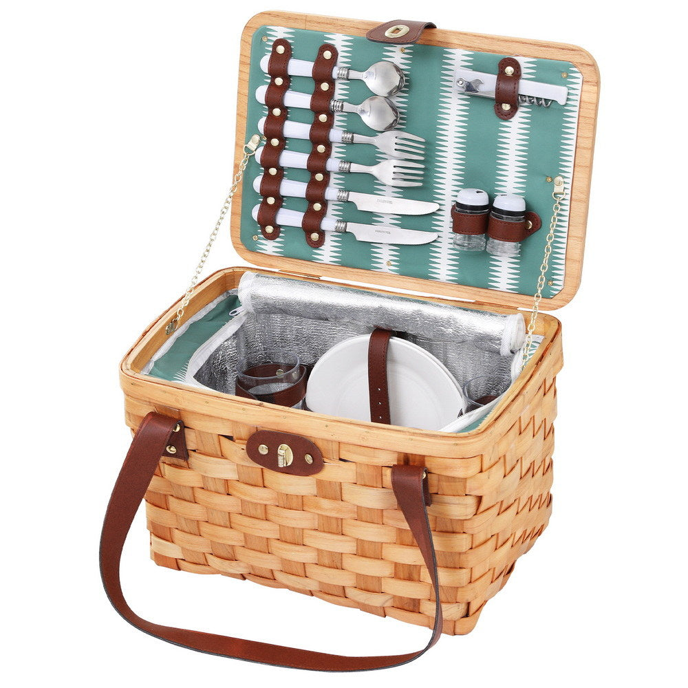 Alfresco 2 Person Picnic Basket Set Wooden Cooler Bag Plates Outdoor Insulated