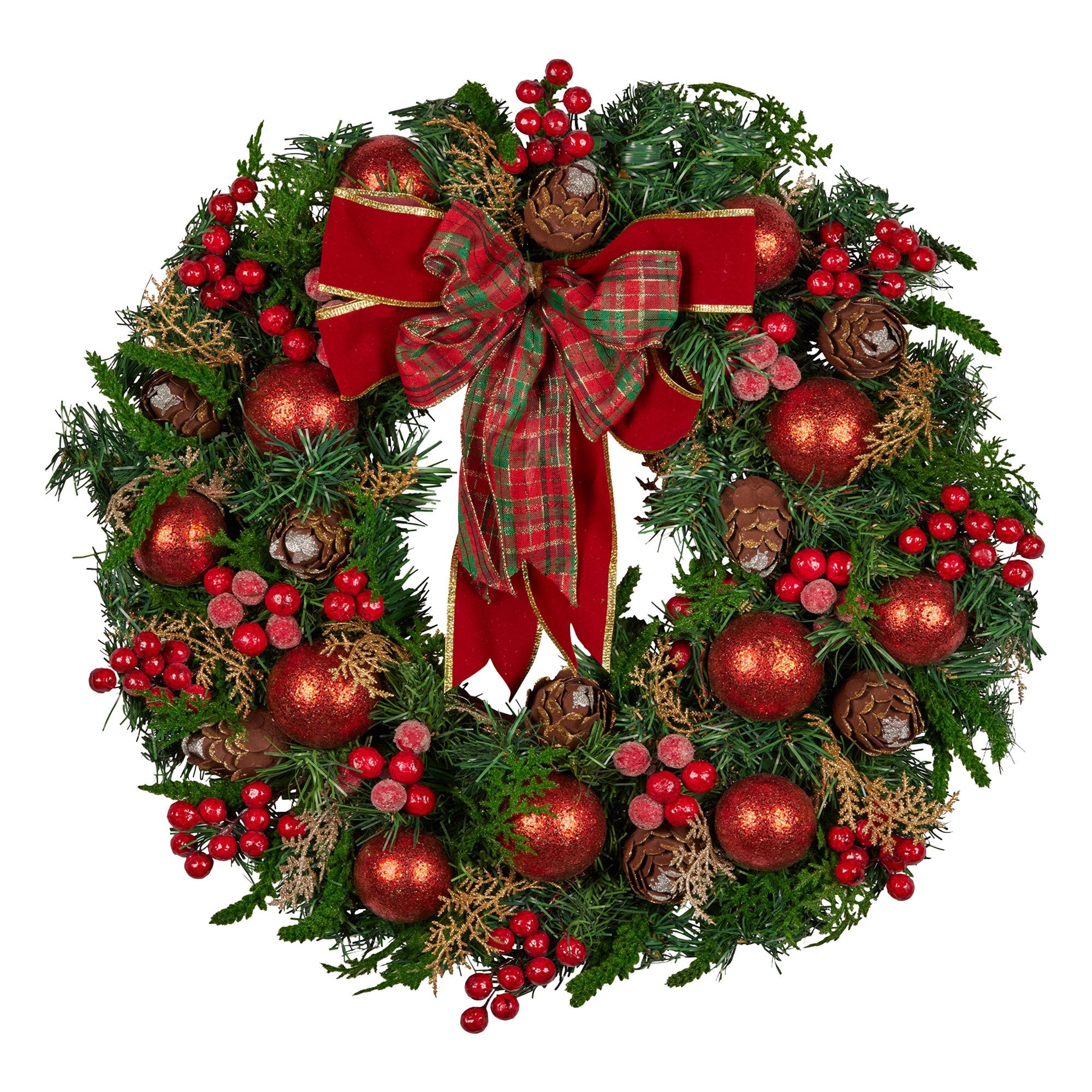Christabelle 71cm Christmas Wreath Lush Green Holiday Door Wreath with Red Berries, Baubles & Pine Cones Pre-Decorated Festive Wall or Front Door Decoration