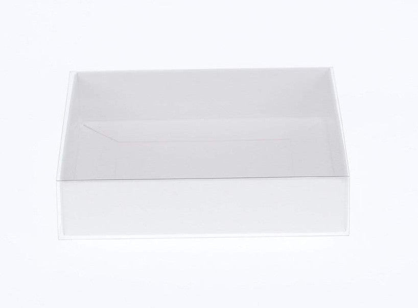 100 Pack of White Card Box - Clear Slide On Lid - 30 x 20 x 8cm - Large Beauty Product Gift Giving Hamper Tray Merch Fashion Cake Sweets Xmas