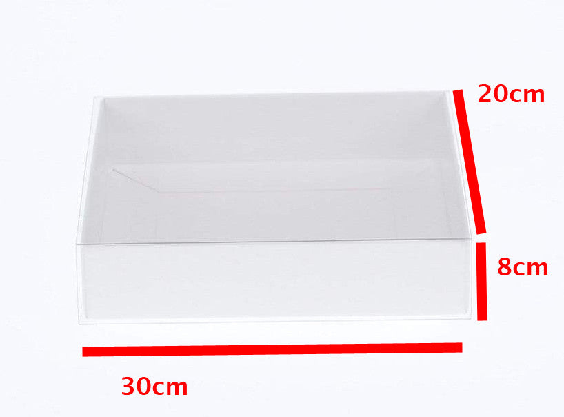 10 Pack of White Card Box - Clear Slide On Lid - 30 x 20 x 8cm - Large Beauty Product Gift Giving Hamper Tray Merch Fashion Cake Sweets Xmas