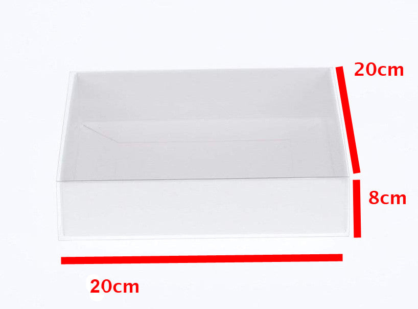 50 Pack of White Card Square Box - Clear Slide On Lid - 20 x 20 x 8cm - Large Beauty Product Gift Giving Hamper Tray Merch Fashion Cake Sweets Xmas