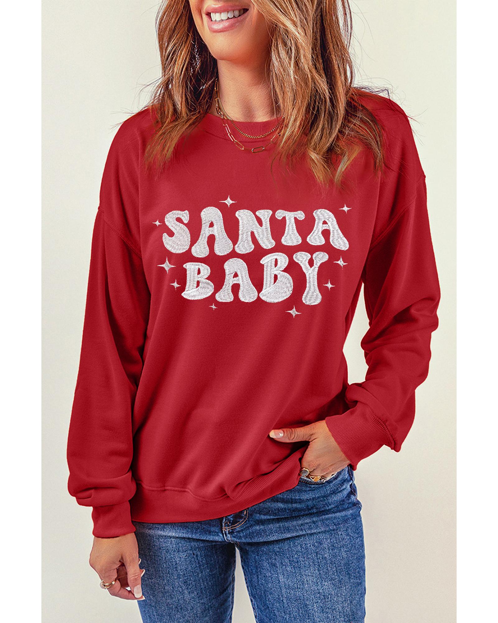 Red SANTA BABY Embroidered Crewneck Christmas Sweatshirt - L