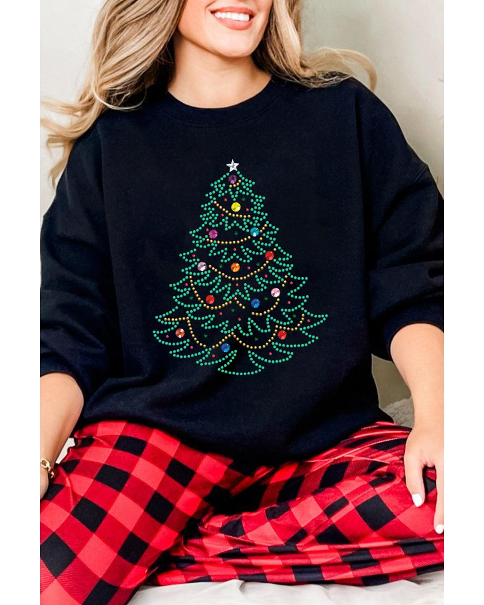 Black Rhinestone Christmas Tree Graphic Pullover Sweatshirt - XL