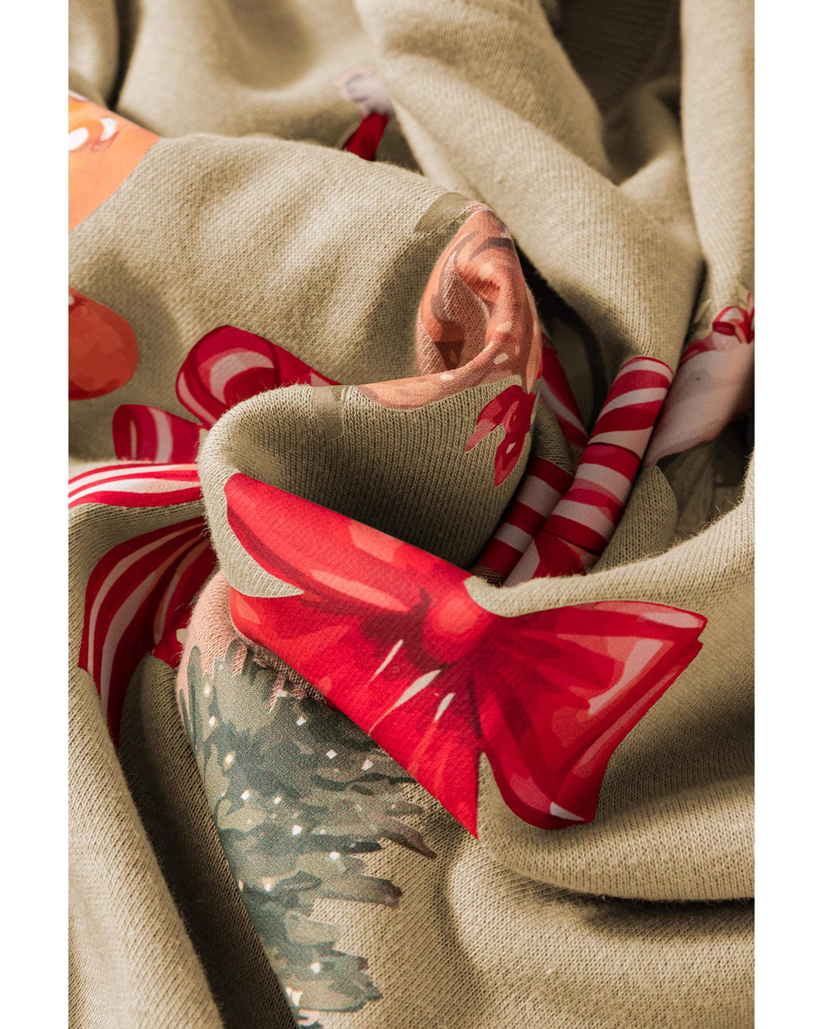 Khaki Christmas Pattern Graphic Crew Neck Sweatshirt - S