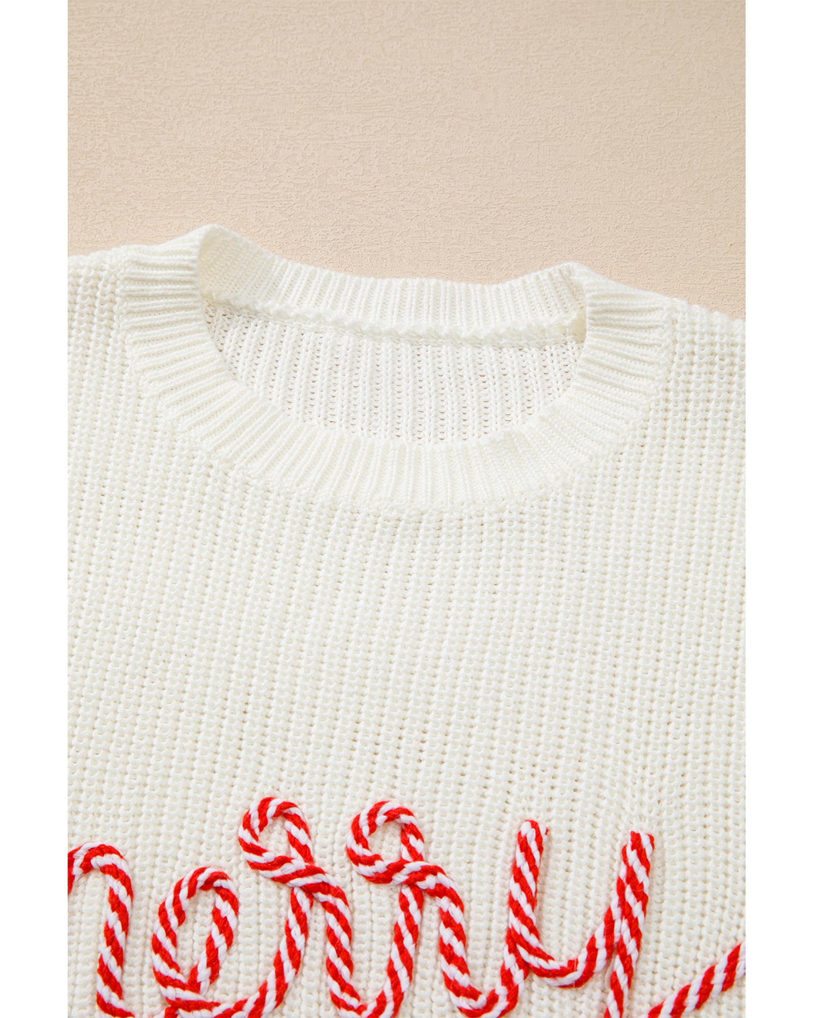 White Striped Merry Bright Letter Christmas Sweater - M