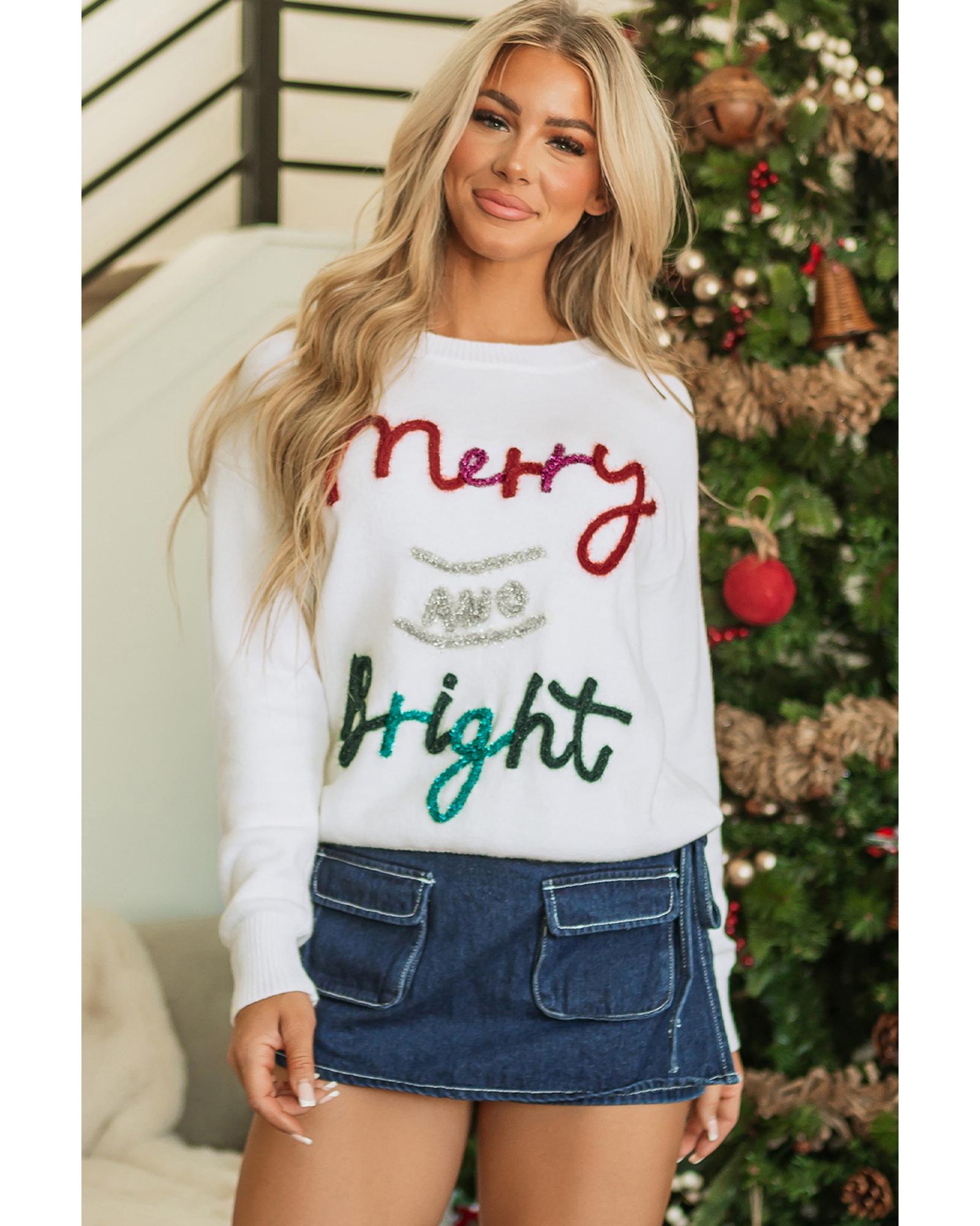 White Tinsel Merry and Bright Graphic Christmas Sweater - M