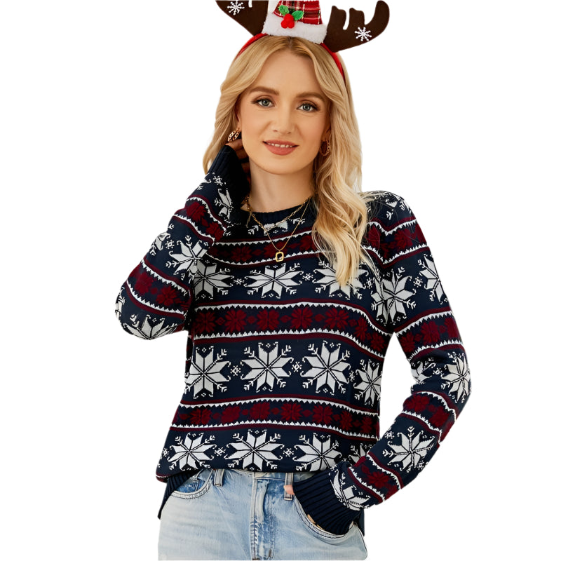 Women Round Neck Christmas Knitwear Long Sleeve Snowflake Christmas Sweater - Red - S