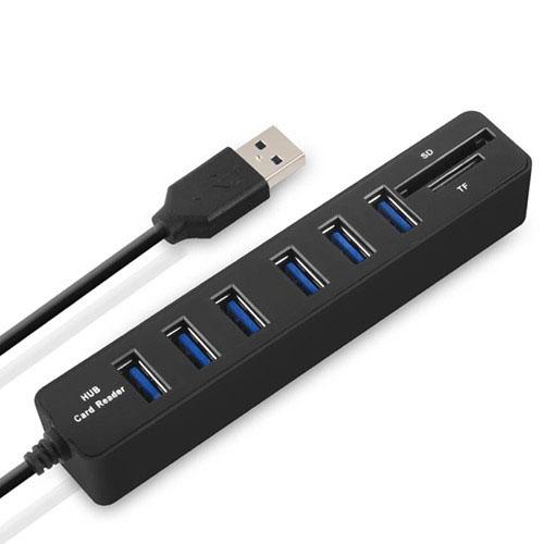 6-Port Usb Hub With Tf / Sd Card Reader High Speed - Black