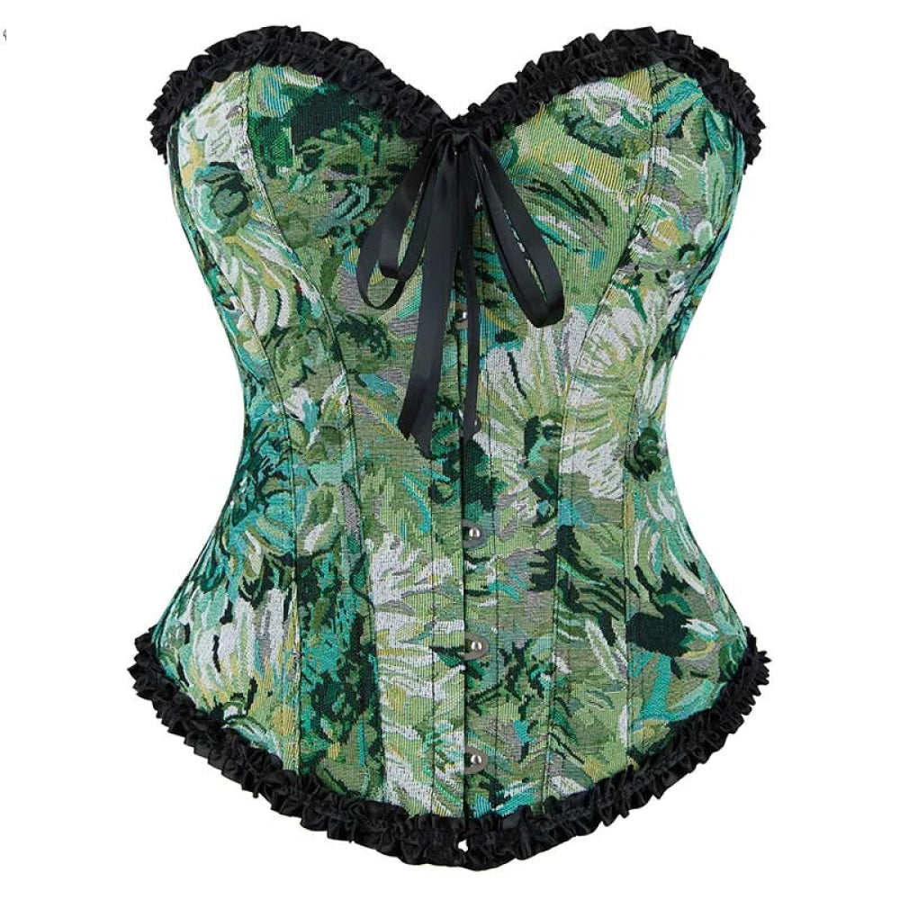 Ruffled Lace Trim Boned Corset Top Green Renaissance Christmas Lingerie - L