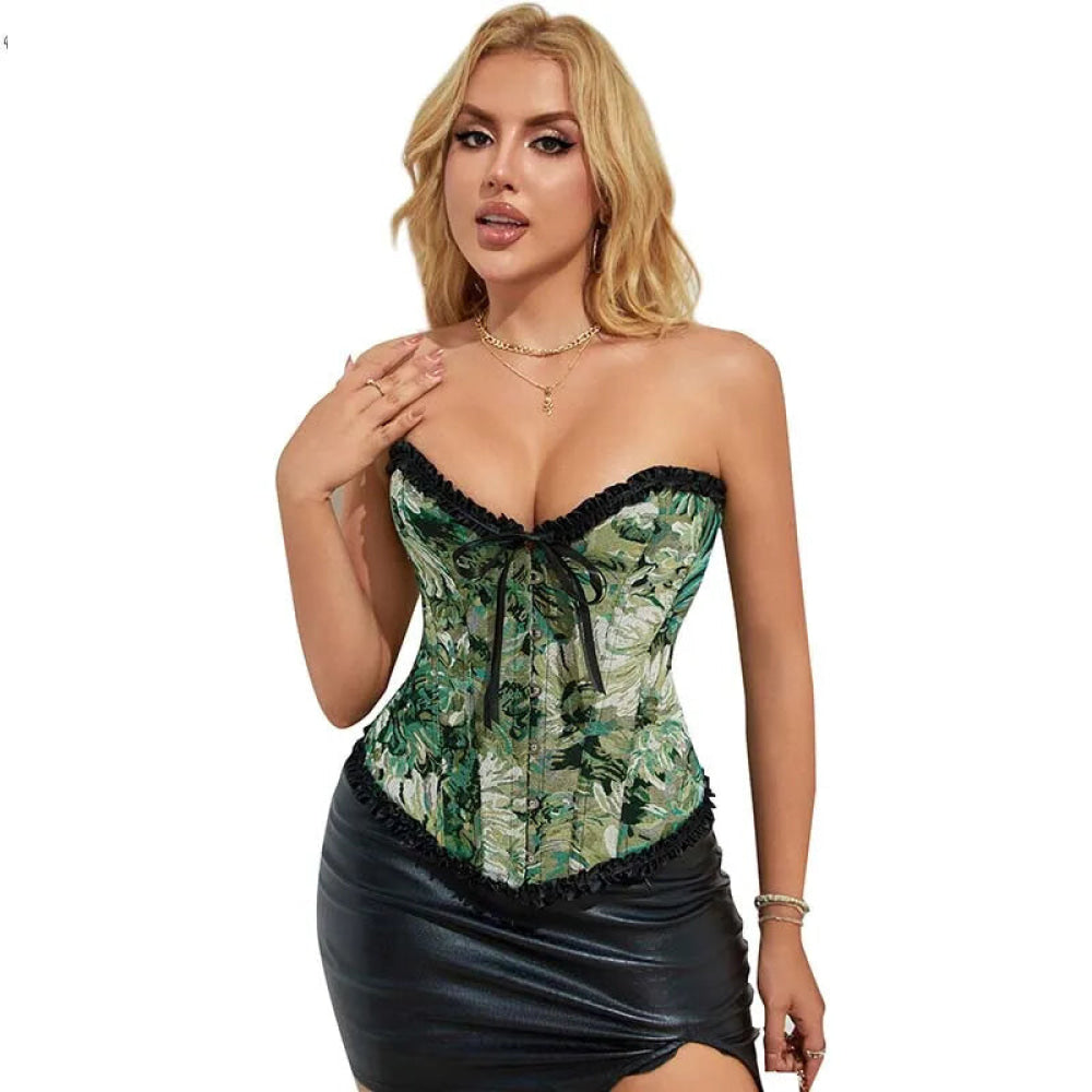 Ruffled Lace Trim Boned Corset Top Green Renaissance Christmas Lingerie - L