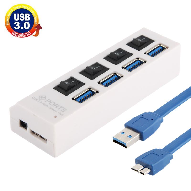 4-Port Usb 3.0 Hub 5Gbps Speed Plug & Play 1Tb Support - White