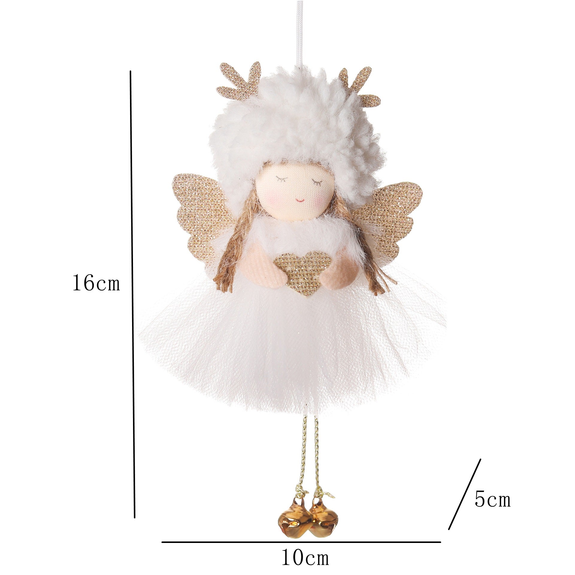 Gold and White Angel Ornament with Bells and Glitter Wings - Christmas Hanging Decoration 16*10*5cm White colour (5 pieces)