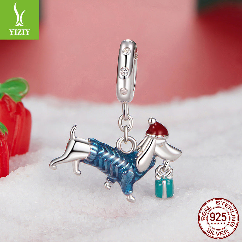 Sterling Silver Dachshund Charm - Festive Christmas Pendant with Colorful Accents(weighs approximately 2.2g)