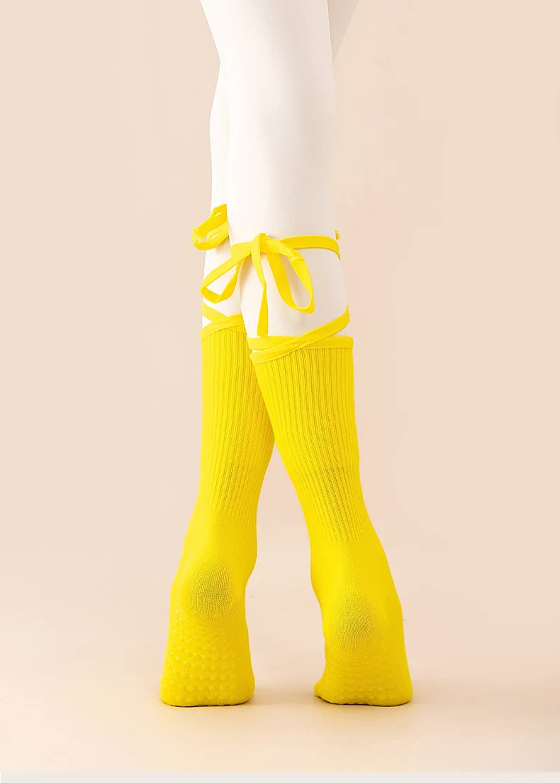 3 Pcs Yellow Non-Slip Yoga Socks with Cross Straps - Cotton Pilates Dance Socks for Women, Lightweight Comfort