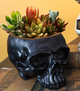 Black Halloween Skull Resin Desktop Ornament and Pen Holder - Spooky Decor