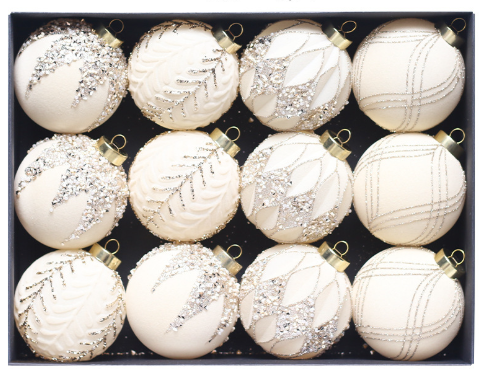 Beige-yellow 12-Piece 8cm Christmas Bauble Set - Colorful Flocked Tree Ornaments
