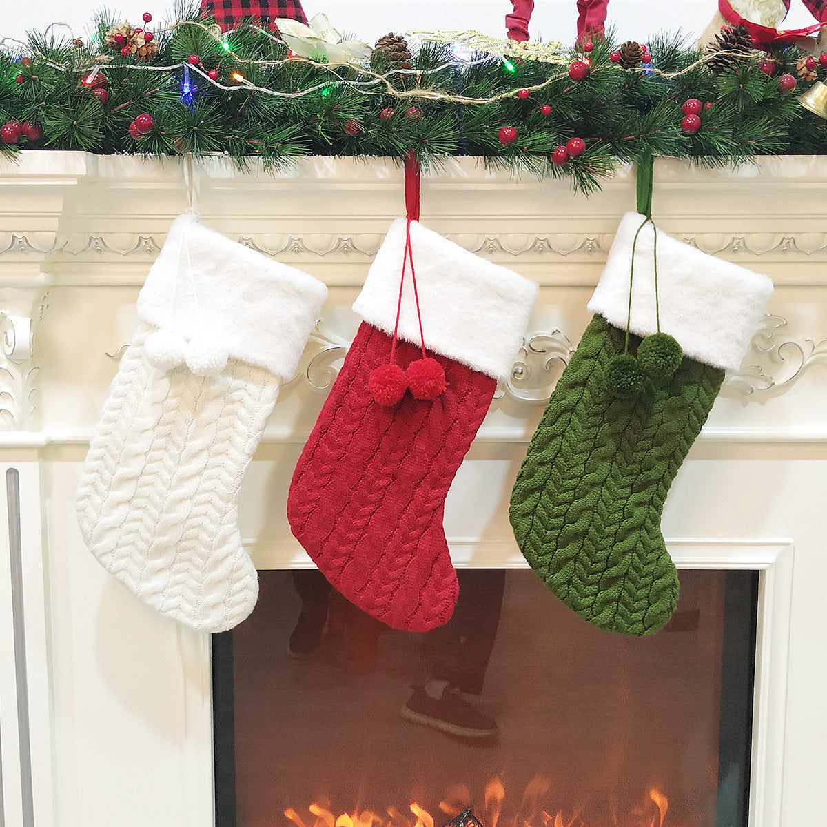 Red Large Cable Knit Christmas Stocking - Classic 43cm Holiday Decor for Fireplace Hanging