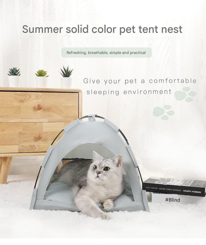 Grey Premium Portable Pet Tent Bed with Cooling Mat - Breathable Foldable Outdoor Indoor Cat Dog House Shelter for Summer(Size: S)