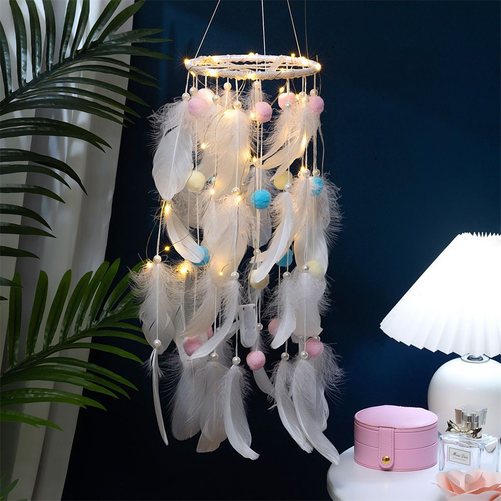 White Boho Pom Pom Feather Dreamcatcher - Whimsical Hanging Mobile for Girls Bedroom & Nursery Decor