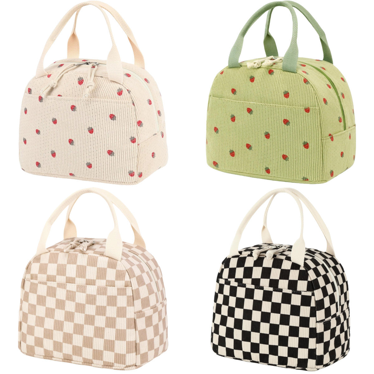 Green Strawberry Pattern Corduroy Lunch Bag - Insulated Thermal Cooler Tote for School Work and Picnics
