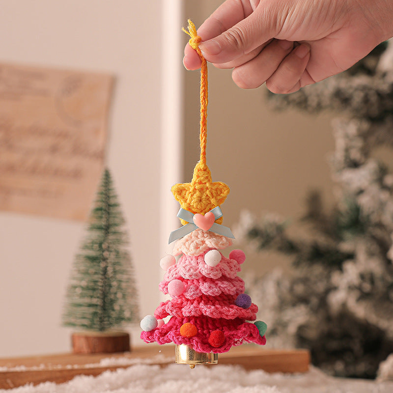 2 Pcs Style A Yellow and Pink Handmade Crochet Christmas Tree Ornament - Festive Hanging Decoration with Jingle Bell