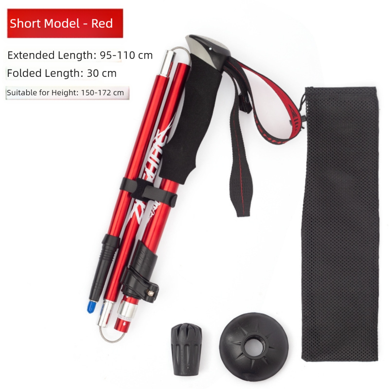 Short Red Ultralight Foldable Hiking Pole - Adjustable Aluminium Trekking Stick with EVA Grip for Outdoor Walking & Climbing