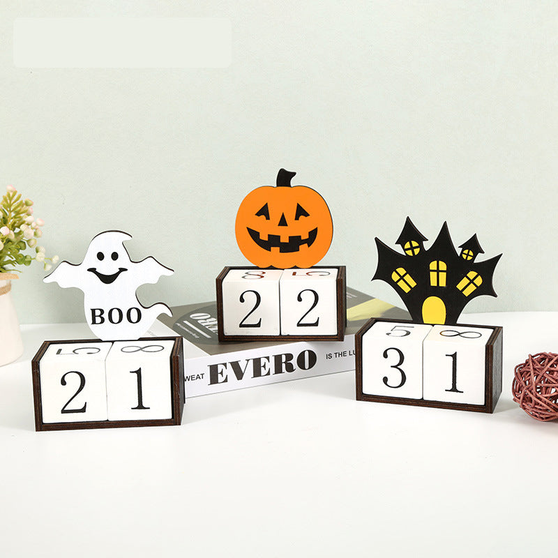 Black Castle Shape Festive Halloween Countdown Blocks - Reusable Wooden Perpetual Calendar for Desk Decor