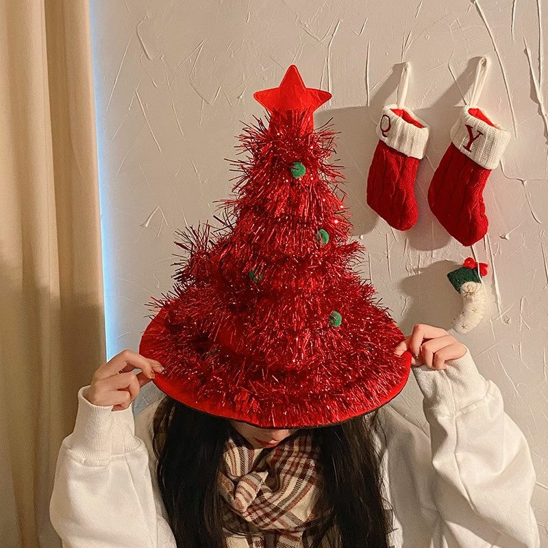 Red Sparkly Tinsel Christmas Tree Hat - Festive Holiday Party Headwear for Adults & Kids