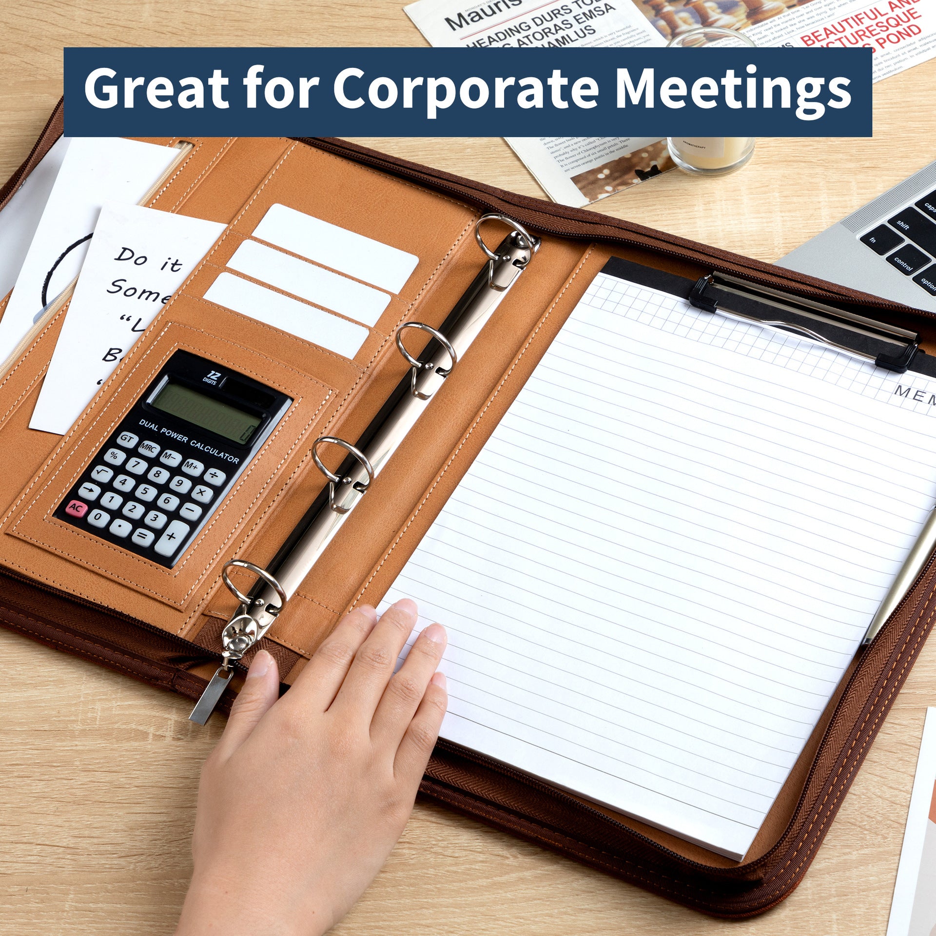 Professional PU Leather A4 Portfolio Binder with Zipper, Handle, Calculator & Clipboard(brown)