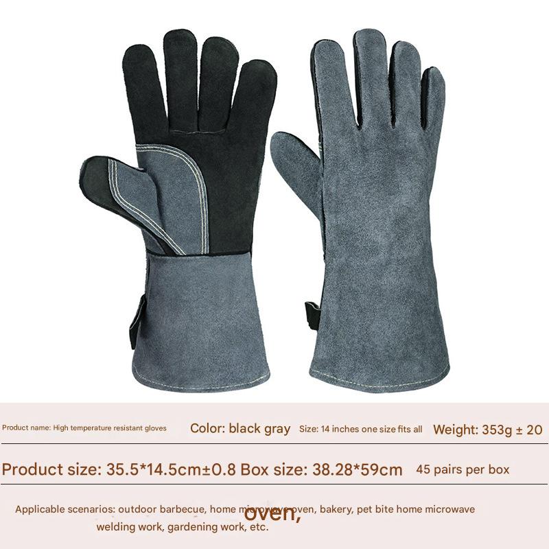 Heavy-Duty Leather Heat Resistant Gloves - 500°C BBQ, Welding & Oven Mitts with Long Cuffs(black and grey)