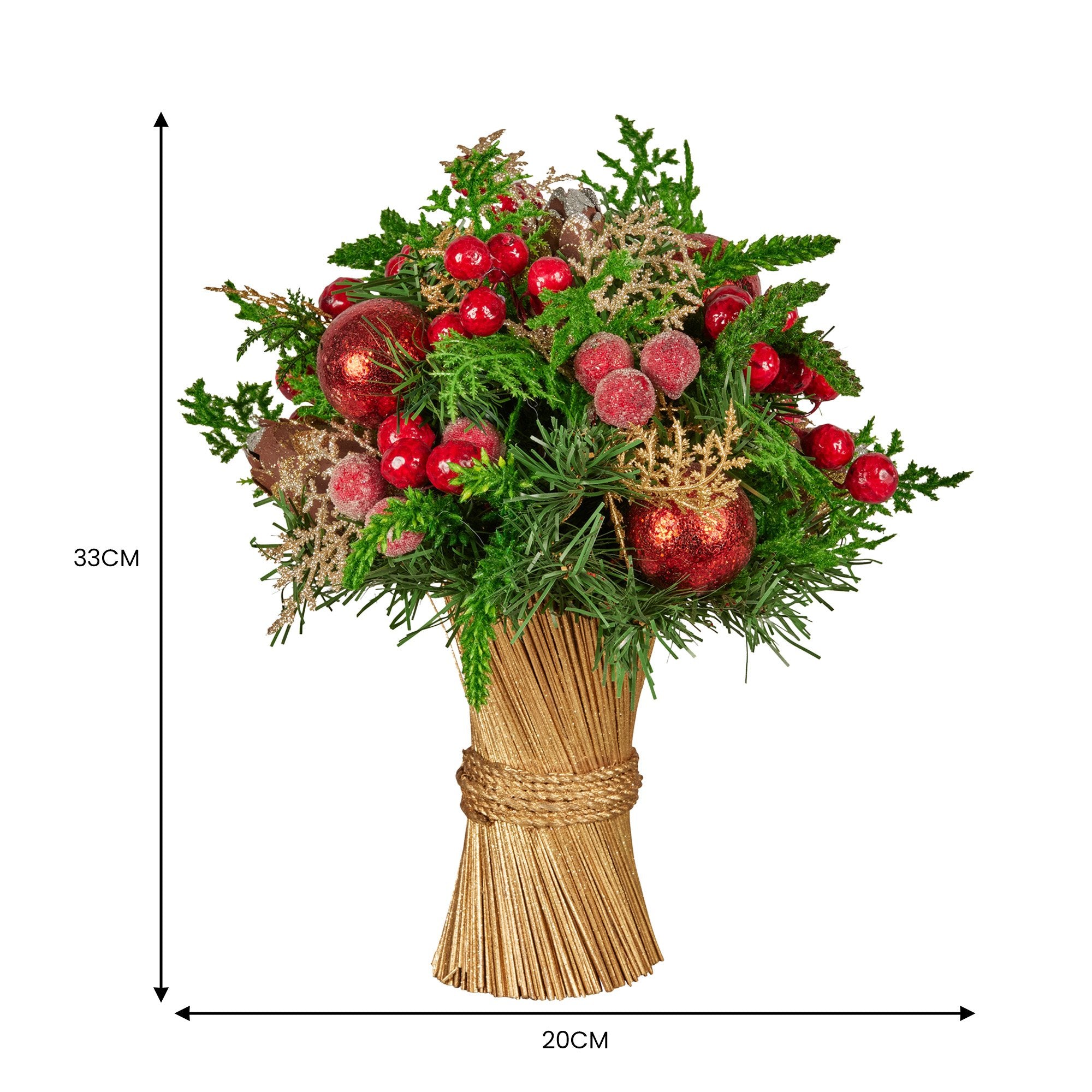 Christabelle 33cm Christmas Bouquet Pre-Decorated Holiday Floral Arrangement with Berries, Baubles & Pine Cones Festive Tabletop Centrepiece Decoration