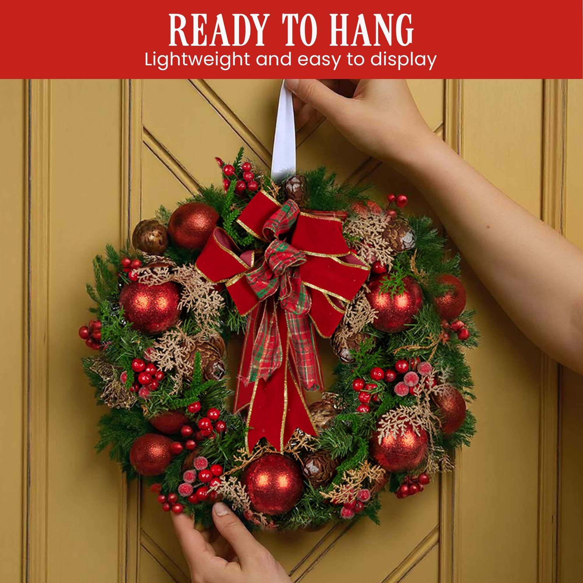 Christabelle 56cm Christmas Wreath Lush Green Holiday Door Wreath with Red Berries, Baubles & Pine Cones Pre-Decorated Festive Wall or Front Door Decoration