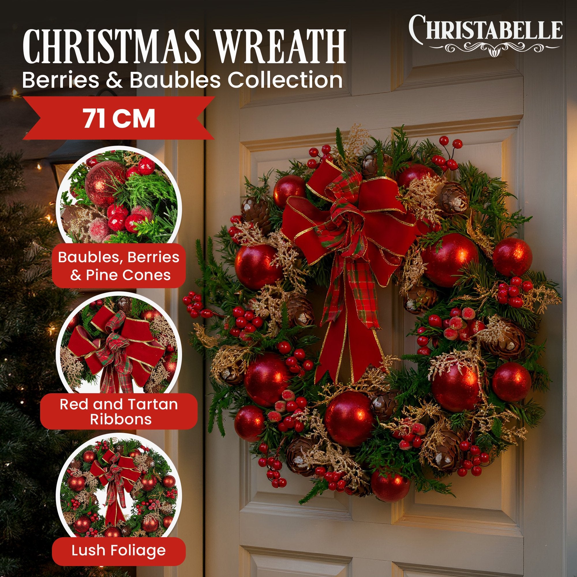 Christabelle 71cm Christmas Wreath Lush Green Holiday Door Wreath with Red Berries, Baubles & Pine Cones Pre-Decorated Festive Wall or Front Door Decoration