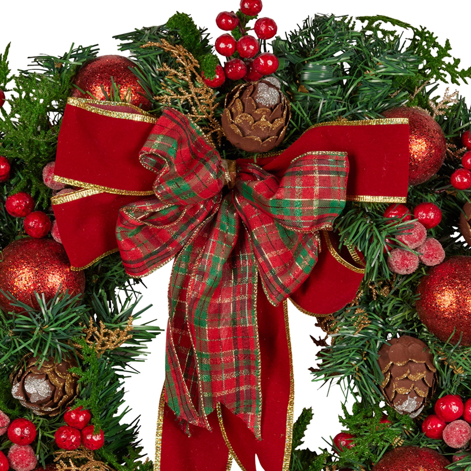 Christabelle 71cm Christmas Wreath Lush Green Holiday Door Wreath with Red Berries, Baubles & Pine Cones Pre-Decorated Festive Wall or Front Door Decoration