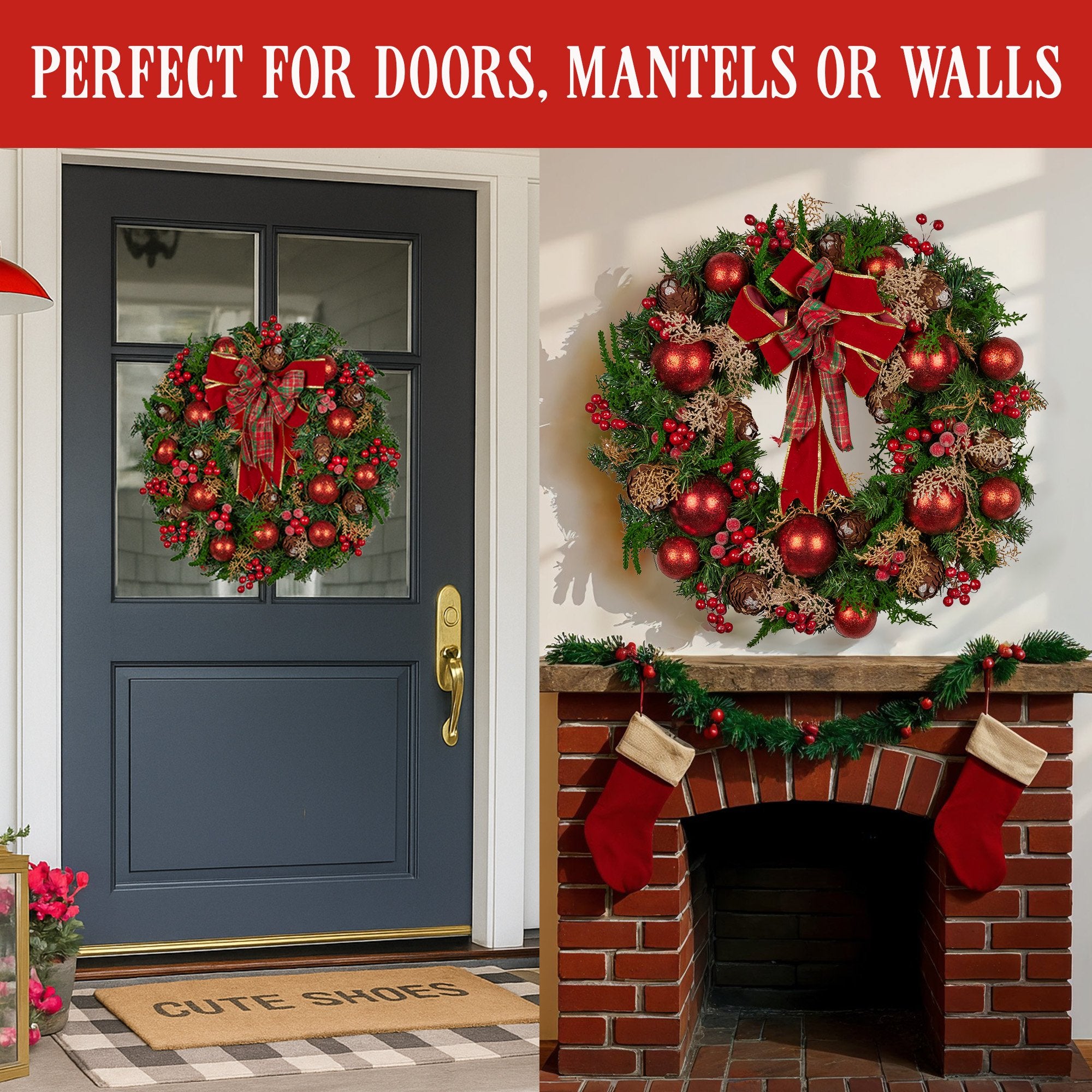 Christabelle 71cm Christmas Wreath Lush Green Holiday Door Wreath with Red Berries, Baubles & Pine Cones Pre-Decorated Festive Wall or Front Door Decoration