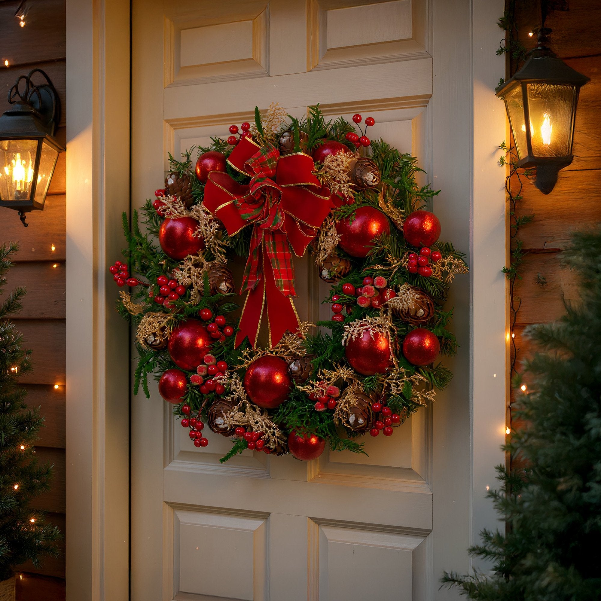 Christabelle 71cm Christmas Wreath Lush Green Holiday Door Wreath with Red Berries, Baubles & Pine Cones Pre-Decorated Festive Wall or Front Door Decoration