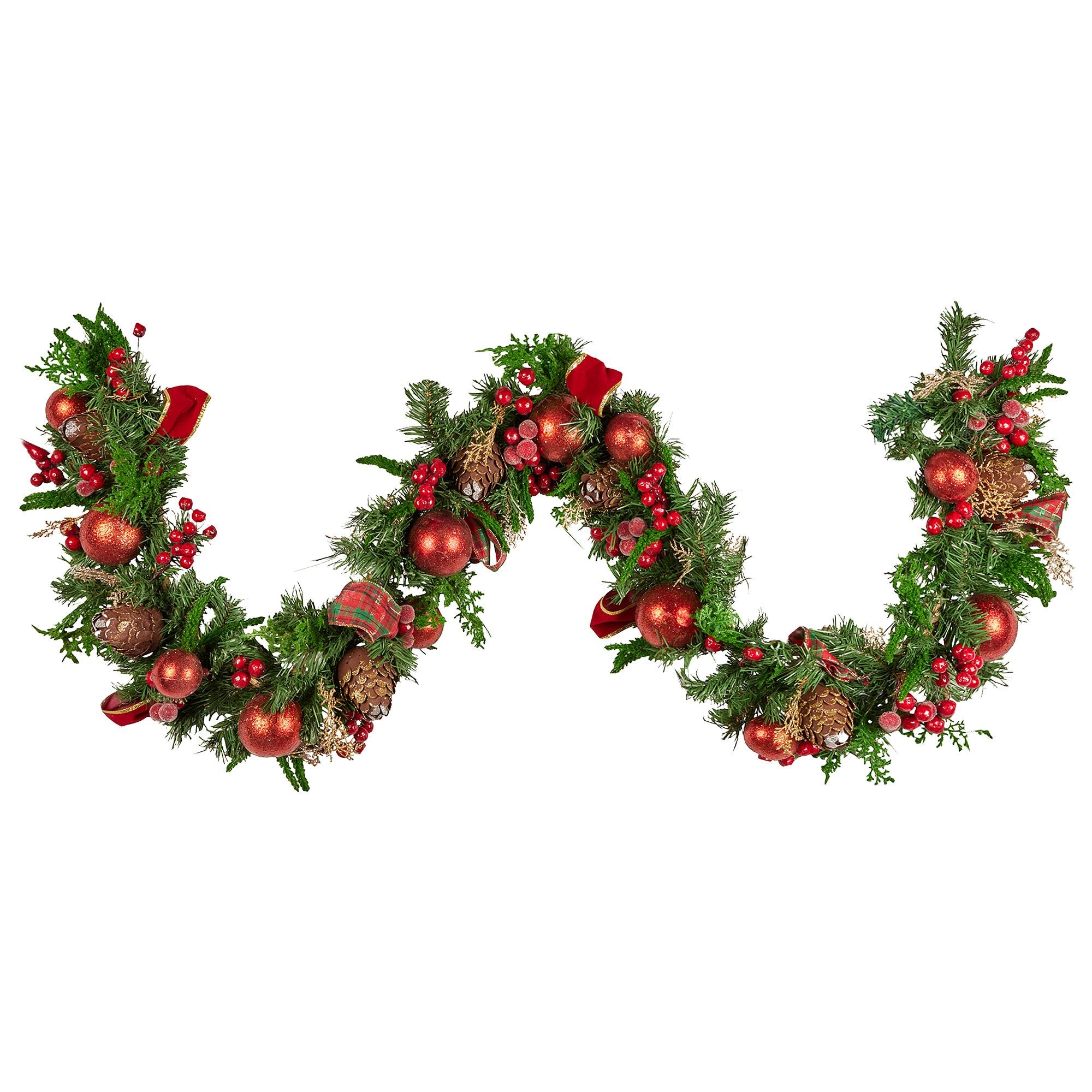 Christabelle 185cm Christmas Garland Lush Green Holiday Garland with Red Berries, Baubles & Pine Cones Pre-Decorated Festive Shelf or Banister Decoration