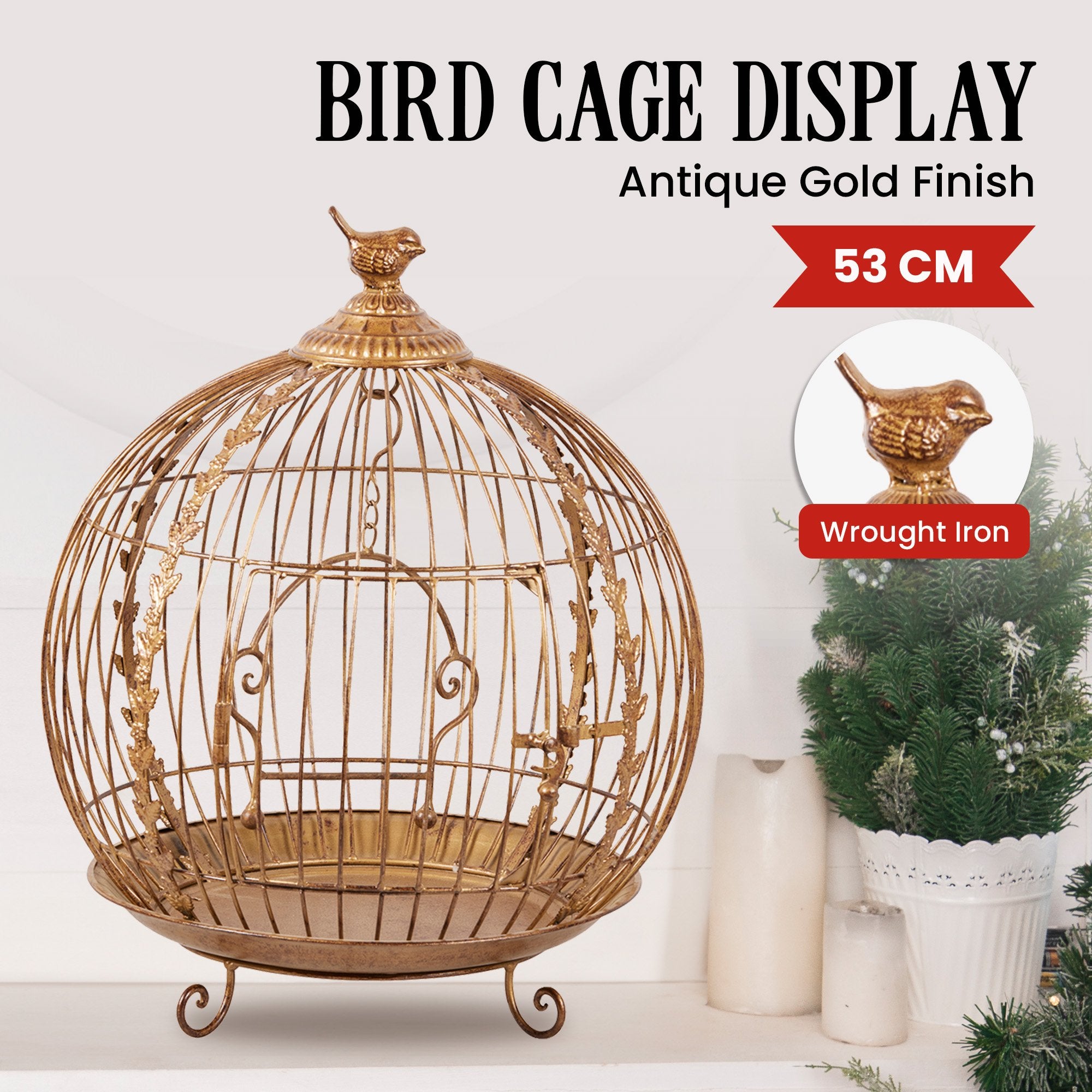 Christabelle Antique Gold Metal Art Iron Wrought Material Bird Cage Display Christmas Decor