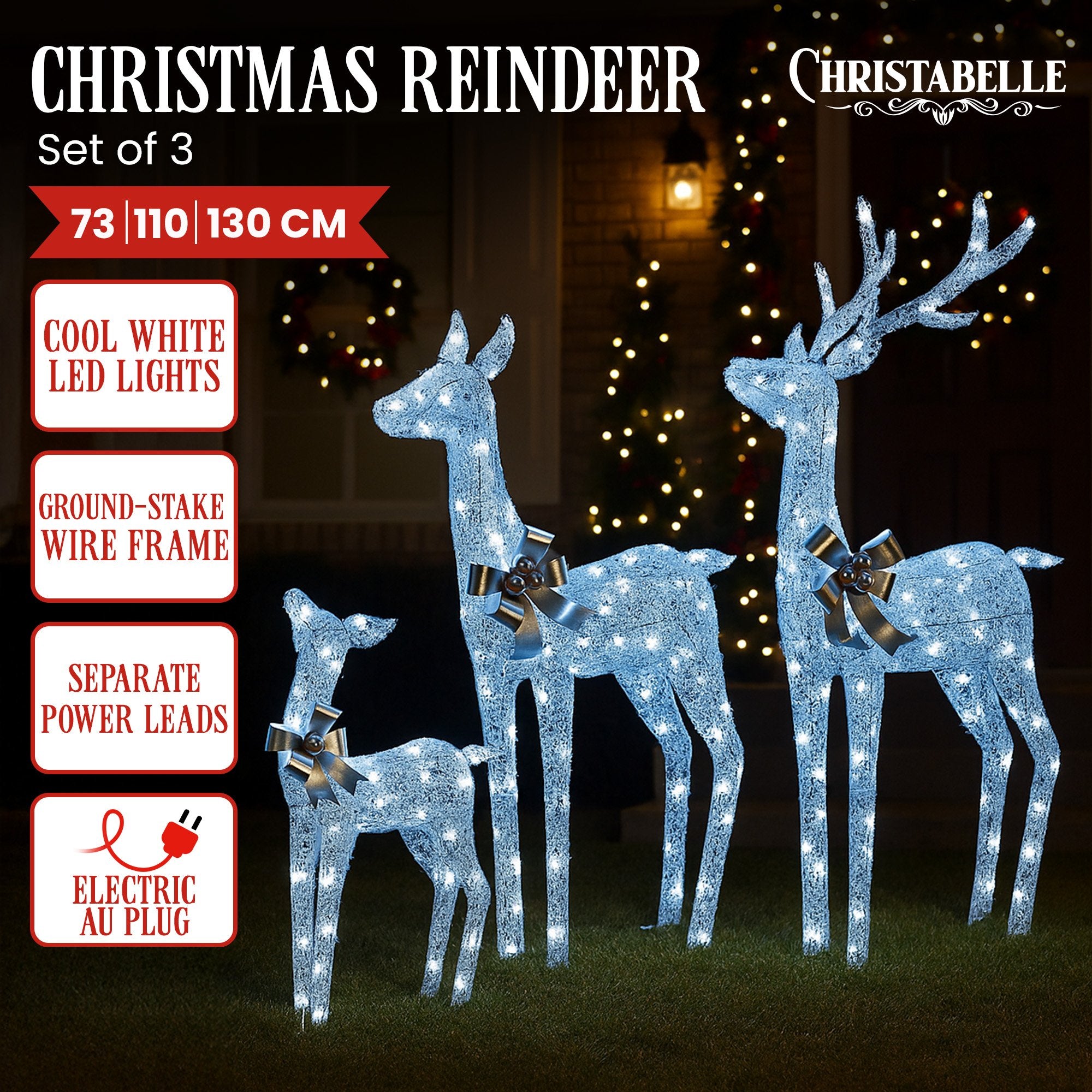 Christabelle Christmas Reindeer Display Set 3 Indoor & Outdoor Decorations Acrylic Beads Cool White LED Lights Silver