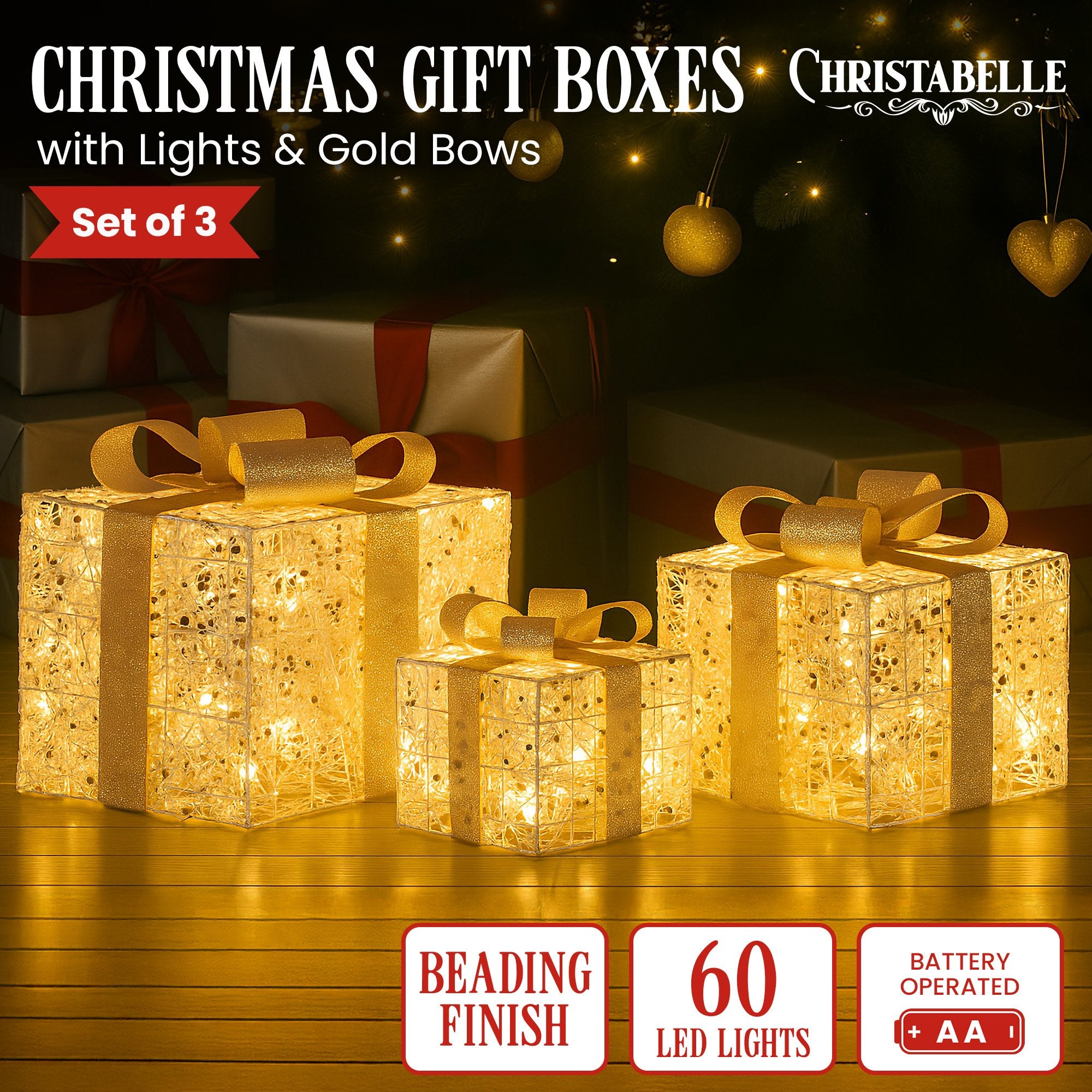 Christabelle Set of 3 Battery Operated Golden Christmas Gift Boxes w/Warm White LED Lights Indoor Decorative Holiday