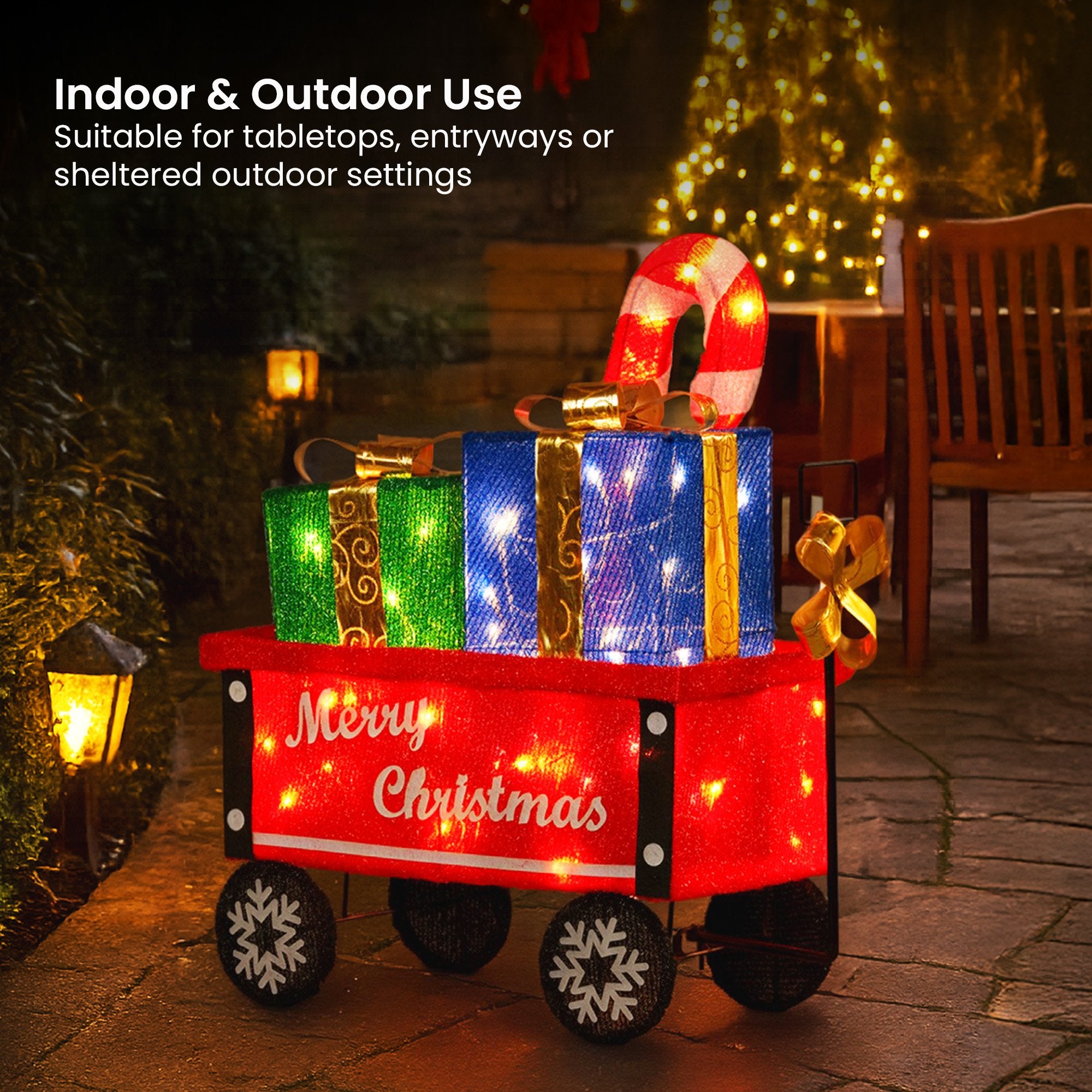 Christabelle Christmas Cart Display w/Candy Cane & Presents Warm White LED Lights Wire Frame Structure Indoor & Outdoor