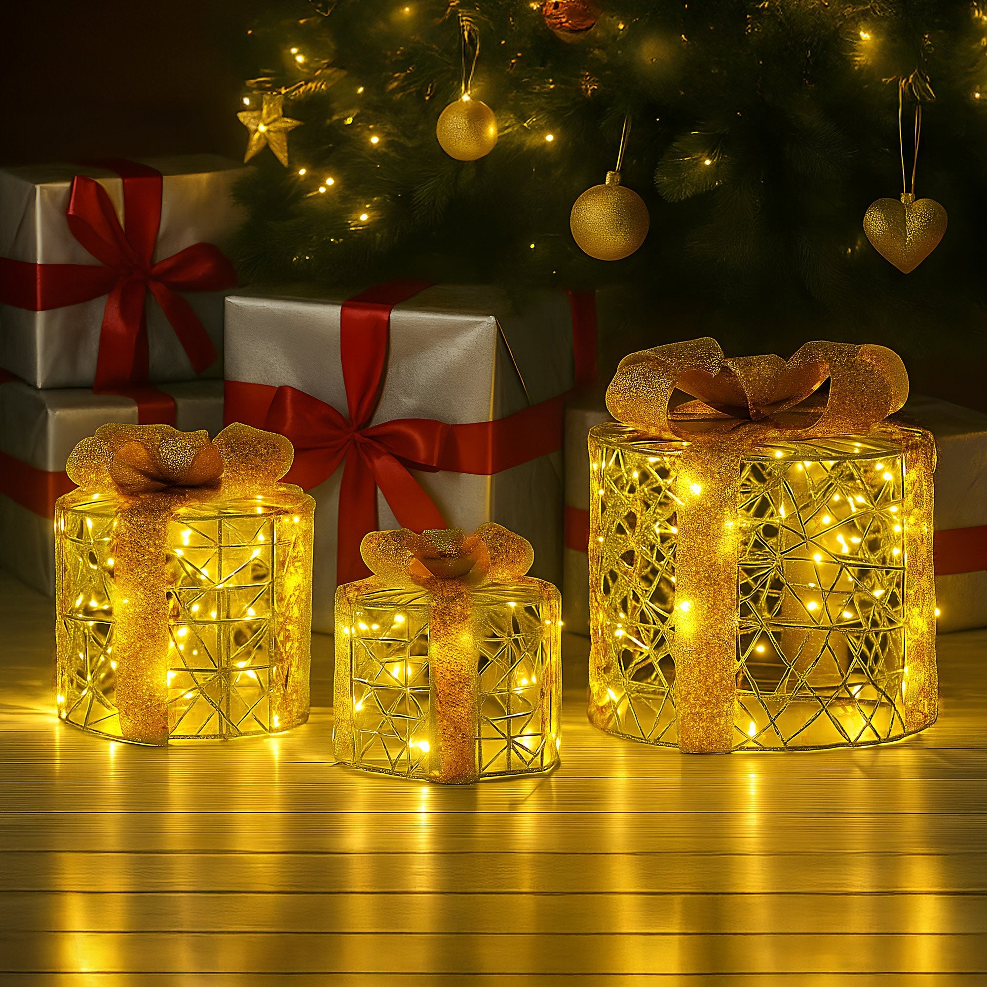 Christabelle Set of 3 Battery Operated Golden Cylindrical Christmas Gift Boxes w/Warm LED Lights Indoor Holiday Present