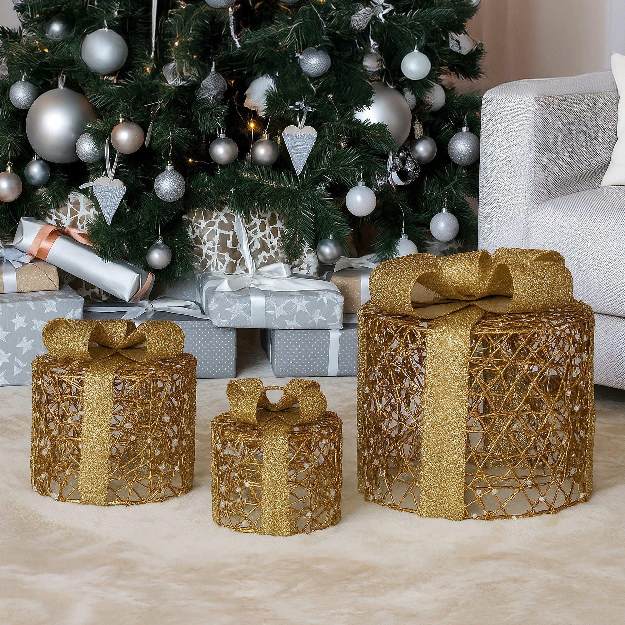 Christabelle Set of 3 Battery Operated Golden Cylindrical Christmas Gift Boxes w/Warm LED Lights Indoor Holiday Present