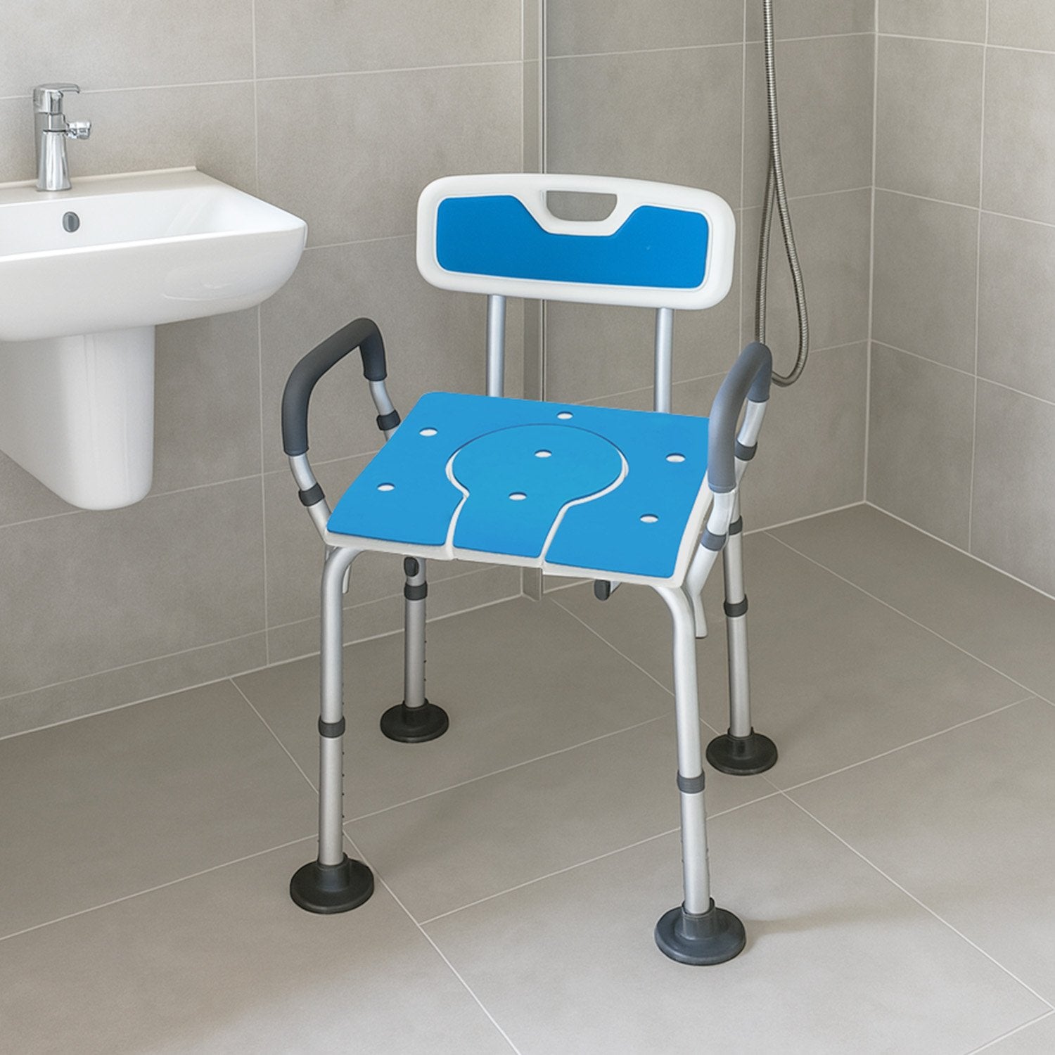Orthonica Height-Adjustable Aluminium Commode Shower Chair with Armrests Backrest Armrests Soft Stool Seat Aid