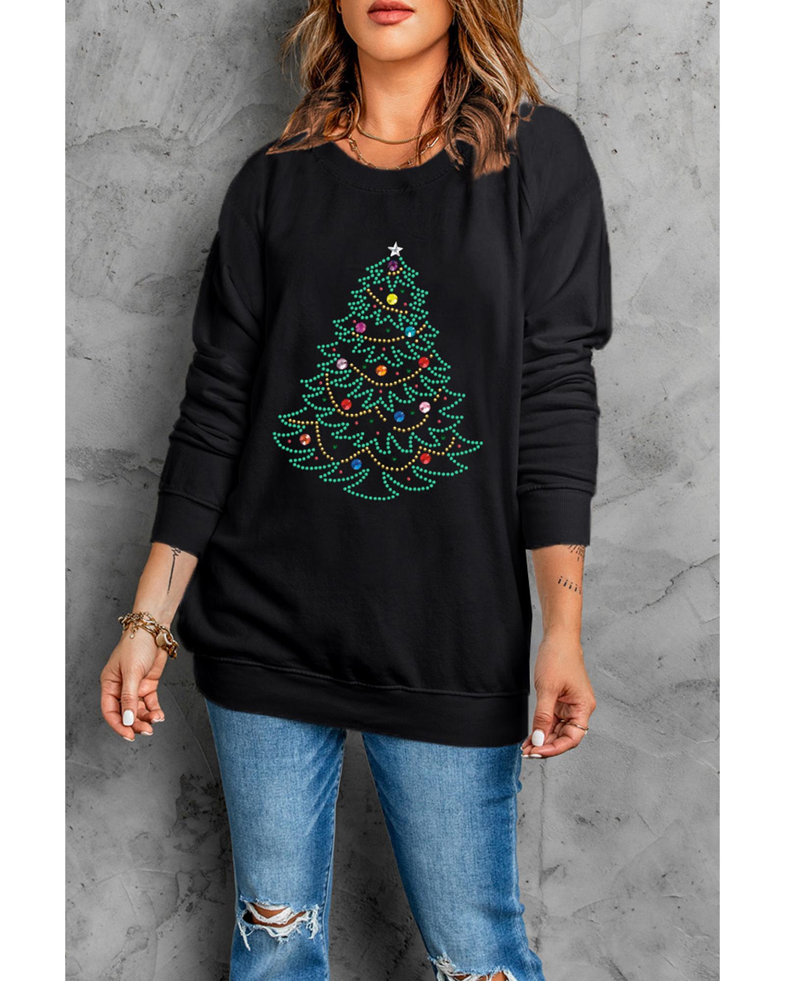 Black Rhinestone Christmas Tree Graphic Pullover Sweatshirt - XL