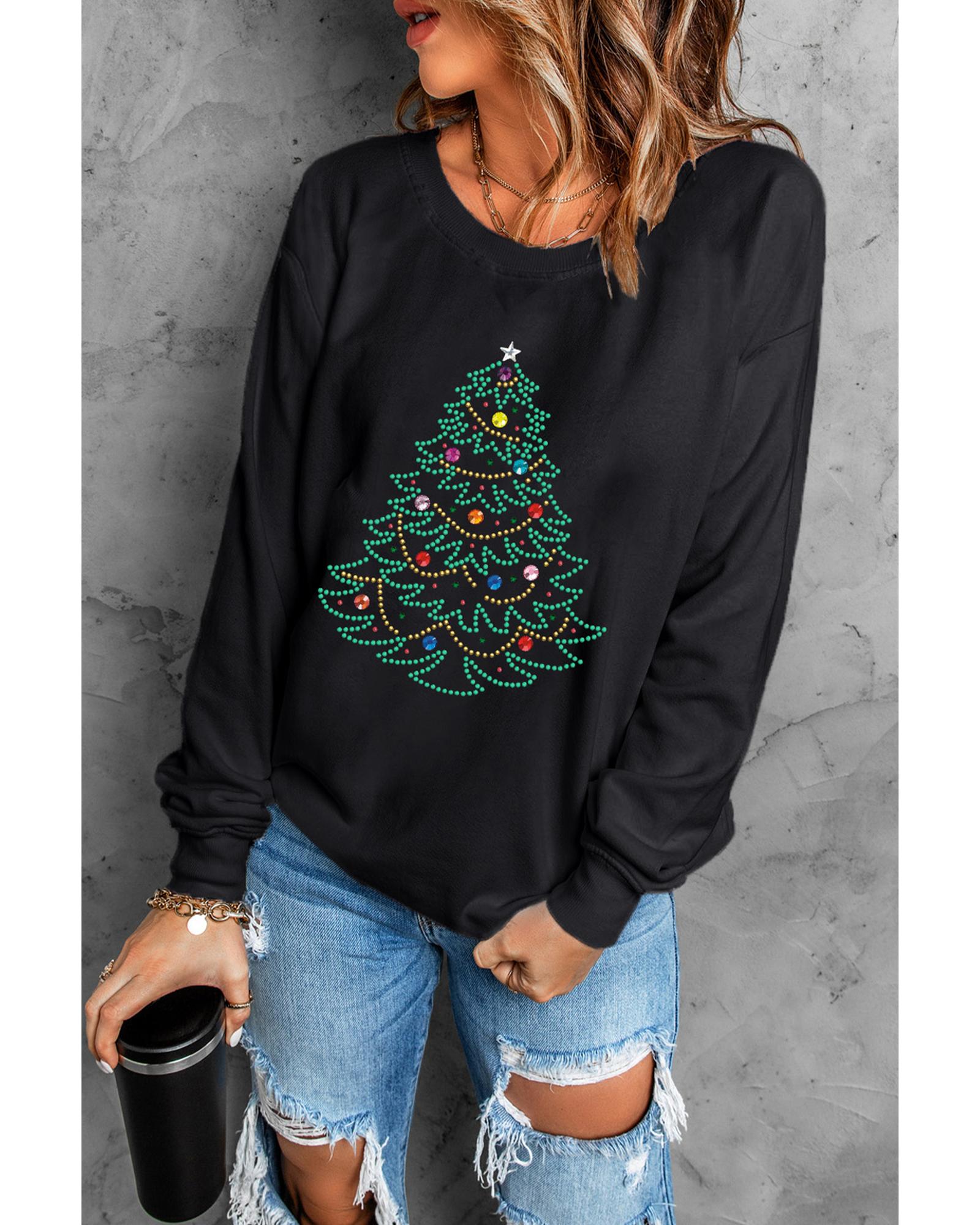 Black Rhinestone Christmas Tree Graphic Pullover Sweatshirt - XL