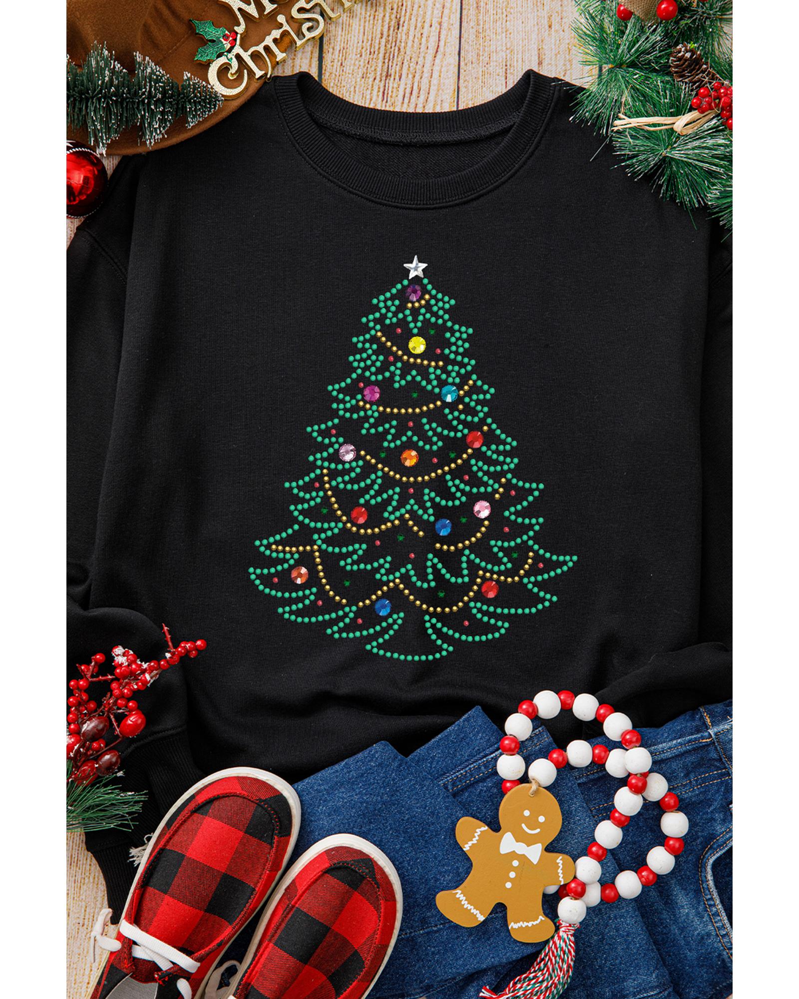 Black Rhinestone Christmas Tree Graphic Pullover Sweatshirt - XL