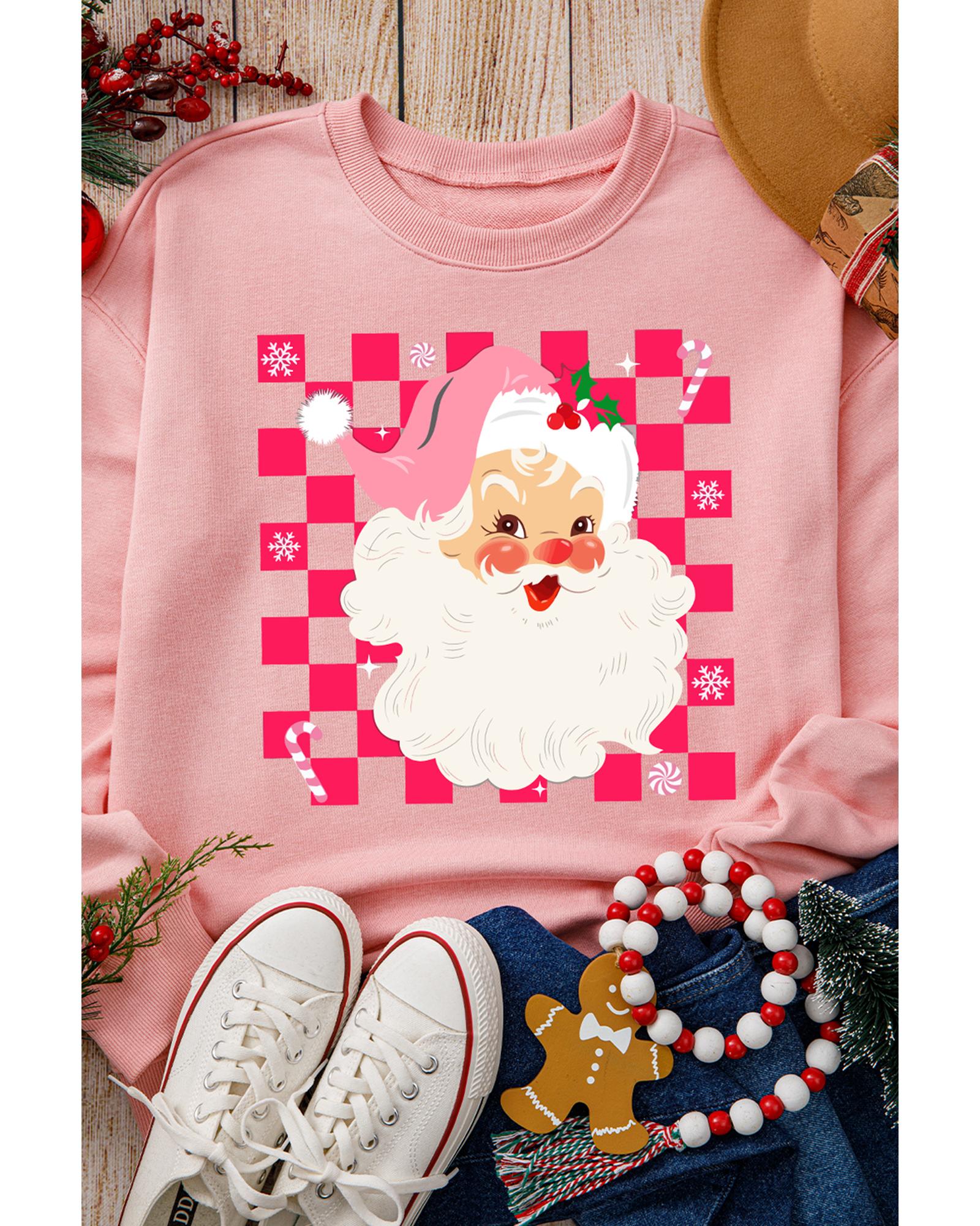 Pink Fancy Checkered Father Christmas Graphic Sweatshirt - 2XL