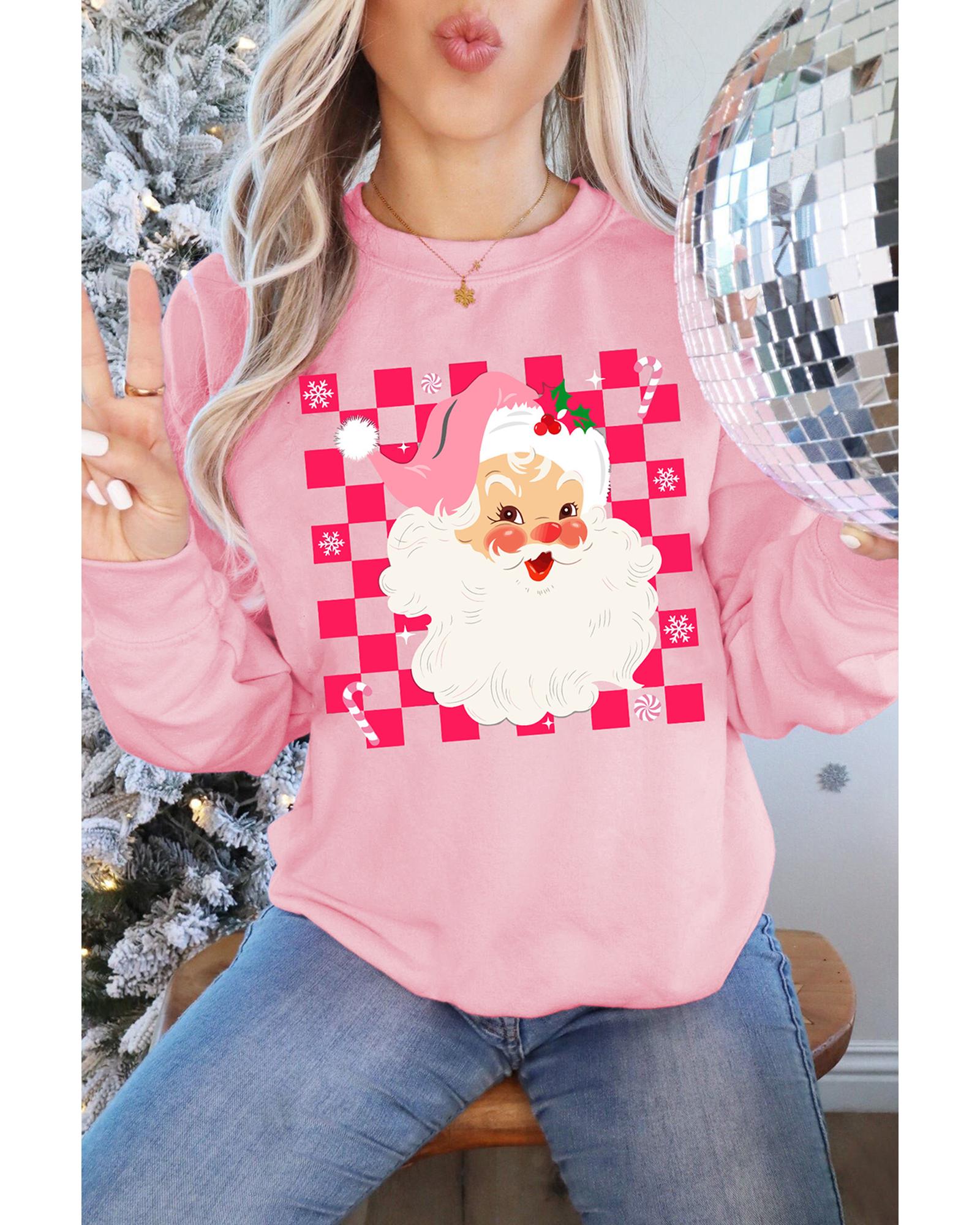 Pink Fancy Checkered Father Christmas Graphic Sweatshirt - M