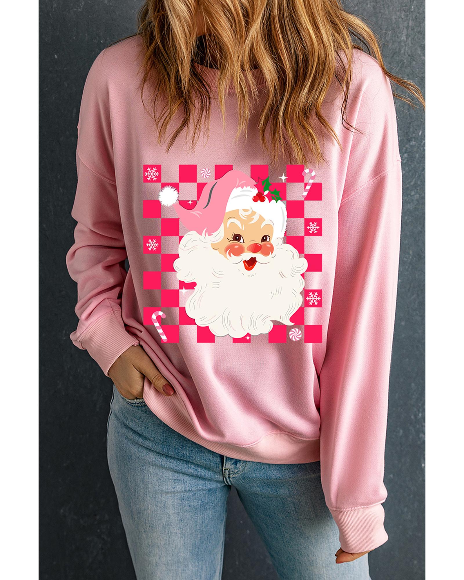 Pink Fancy Checkered Father Christmas Graphic Sweatshirt - M